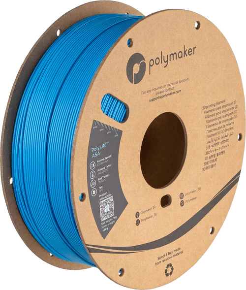 Spool of blue 3D printing filament on a Polymaker branded spool.
