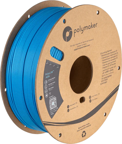 Spool of blue 3D printing filament on a Polymaker branded spool.
