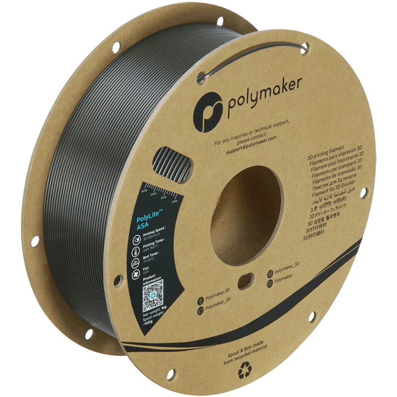 Spool of Polymaker 3D printing filament on a cardboard reel with branding and product details.
