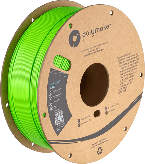 Spool of green 3D printing filament with Polymaker branding on a cardboard reel.