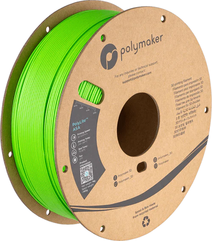 Spool of green 3D printing filament with Polymaker branding on a cardboard reel.