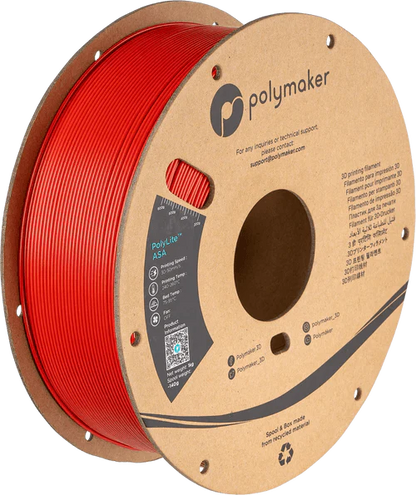 Spool of red Polymaker 3D printing filament on a cardboard reel.