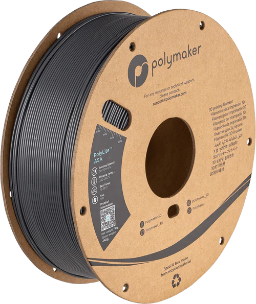 Spool of Polymaker 3D printing filament on a white background