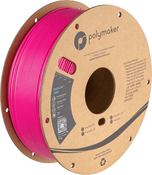 Spool of pink 3D printing filament with Polymaker branding on a white background
