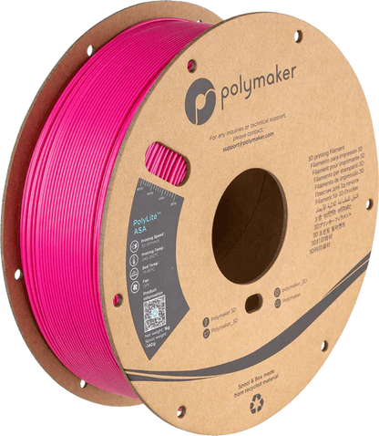 Spool of pink 3D printing filament with Polymaker branding on a white background