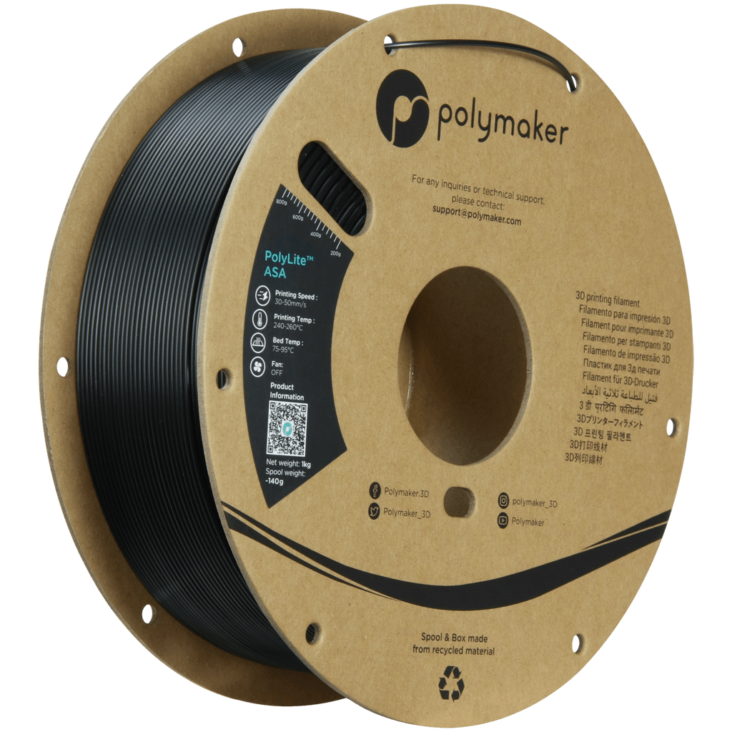 Spool of Polymaker 3D printing filament on a brown cardboard reel.
