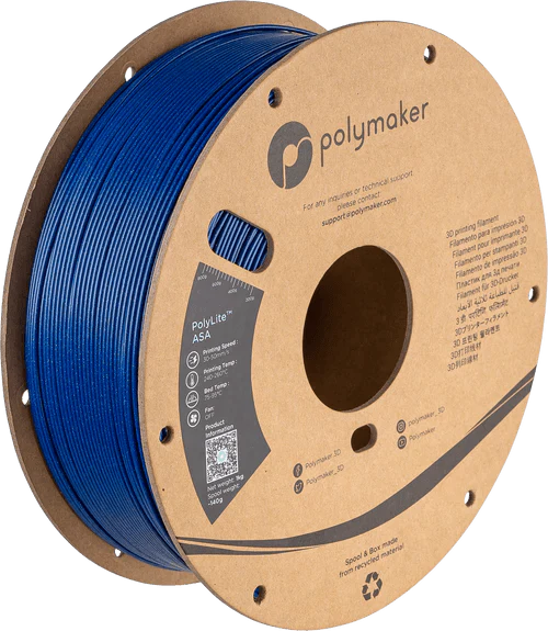 Spool of blue 3D printing filament on a cardboard reel with Polymaker branding.