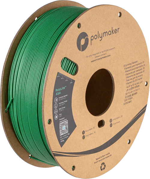 Spool of green filament on a cardboard reel with Polymaker branding.
