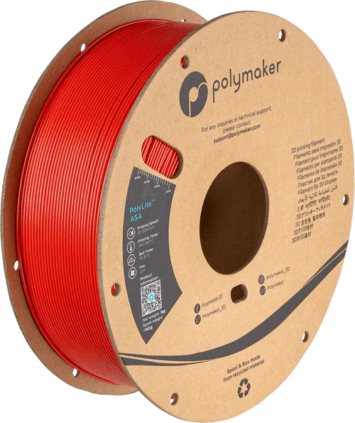 Spool of red Polymaker 3D printing filament on a cardboard reel.
