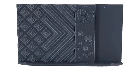 Black patterned wallet with geometric designs on a white background