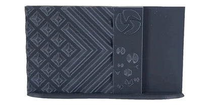 Black patterned wallet with geometric designs on a white background