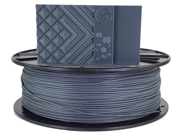 Spool of gray 3D printing filament with a branded label on a white background