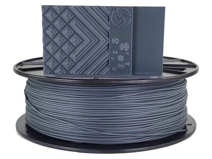Spool of gray 3D printing filament with a branded label on a white background