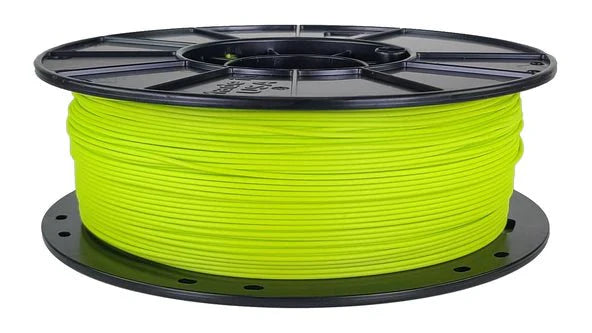 Spool of yellow filament on a black spool holder against a white background