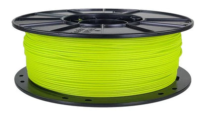 Spool of yellow filament on a black spool holder against a white background
