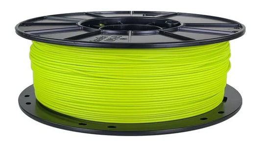 Spool of yellow filament on a black spool holder against a white background