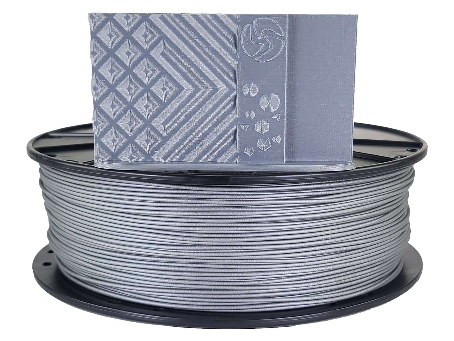 Spool of gray filament with a box labeled 'PLA' on a white background
