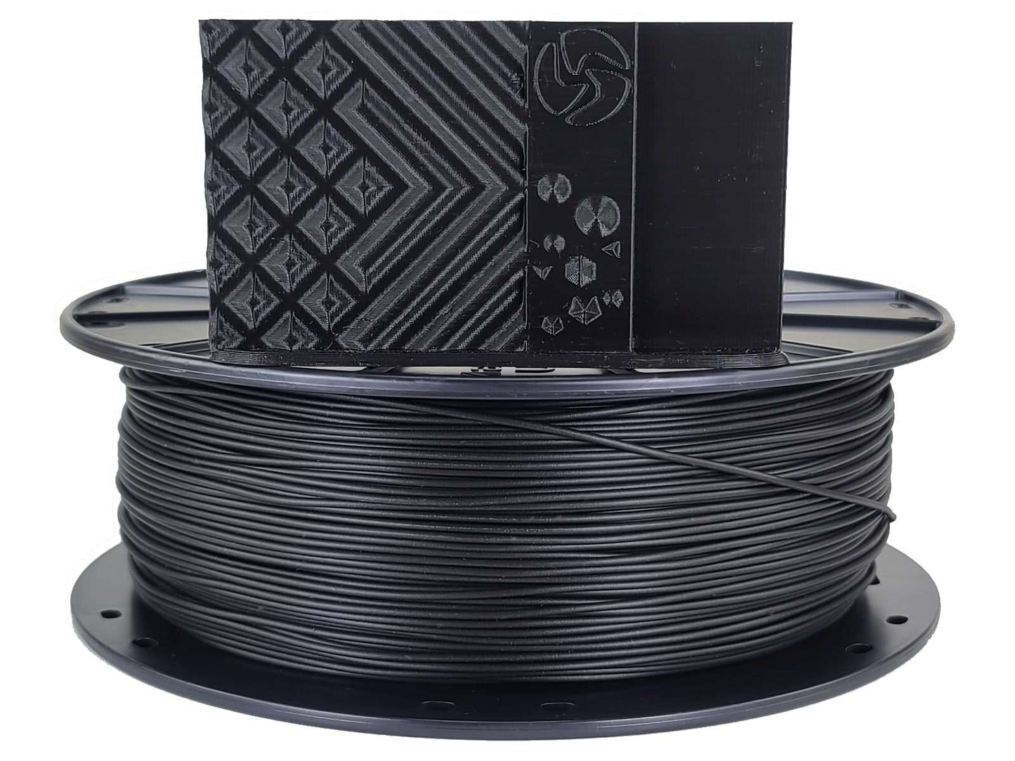 Spool of black 3D printing filament with a branded spool holder on a white background