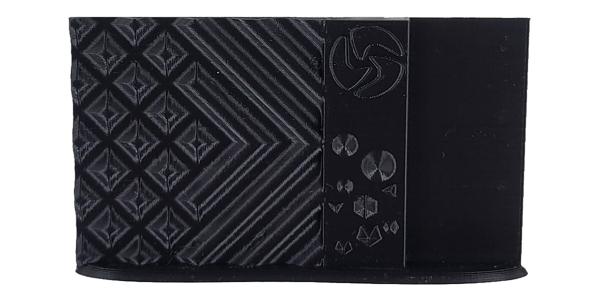Black textured wallet with geometric patterns and a brand logo on a white background