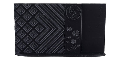 Black textured wallet with geometric patterns and a brand logo on a white background