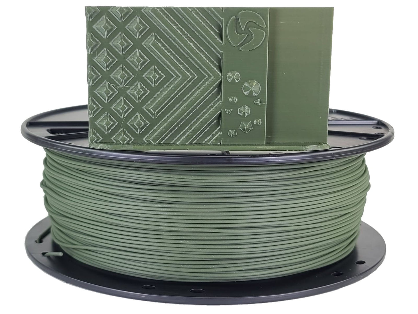 Spool of green filament with a green spool cap on a white background