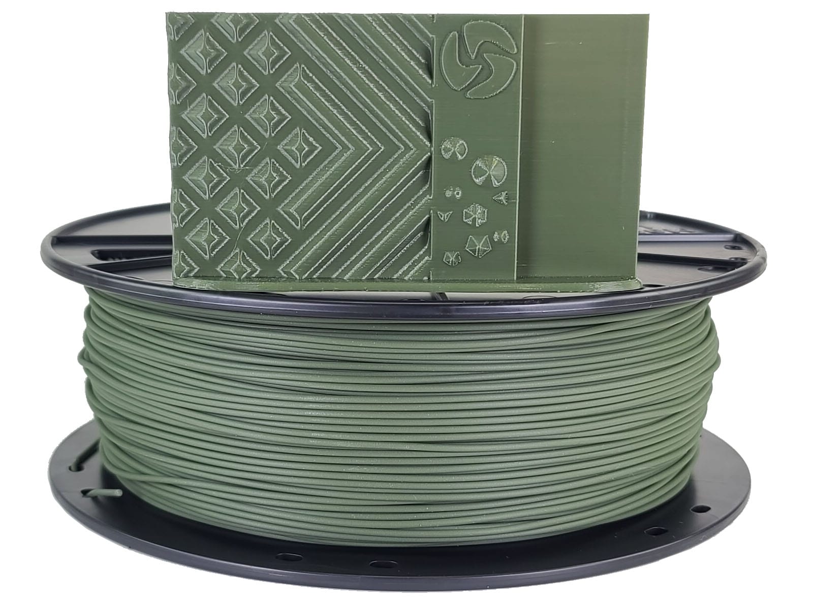 Spool of green filament with a green spool cap on a white background