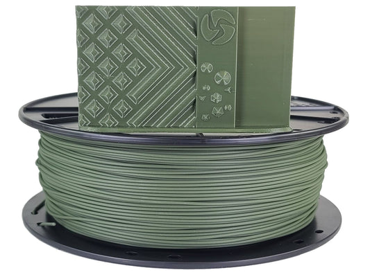 Spool of green filament with a green spool cap on a white background