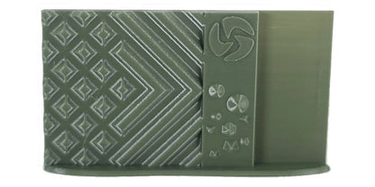 Green textured wallet with geometric patterns on a white background