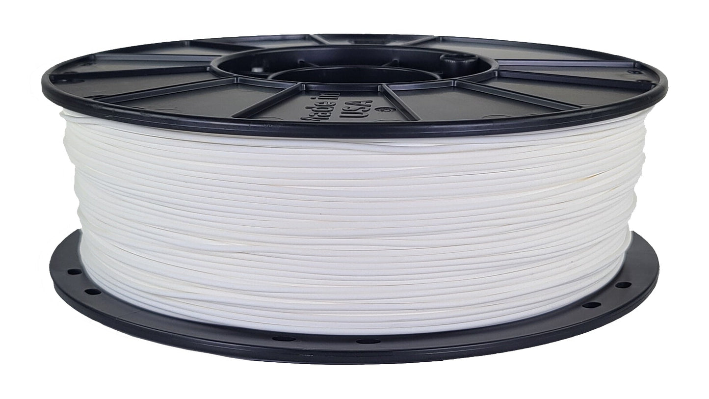 Spool of white filament on a black reel with visible branding.