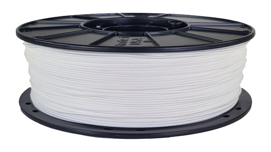 Spool of white filament on a black reel with visible branding.