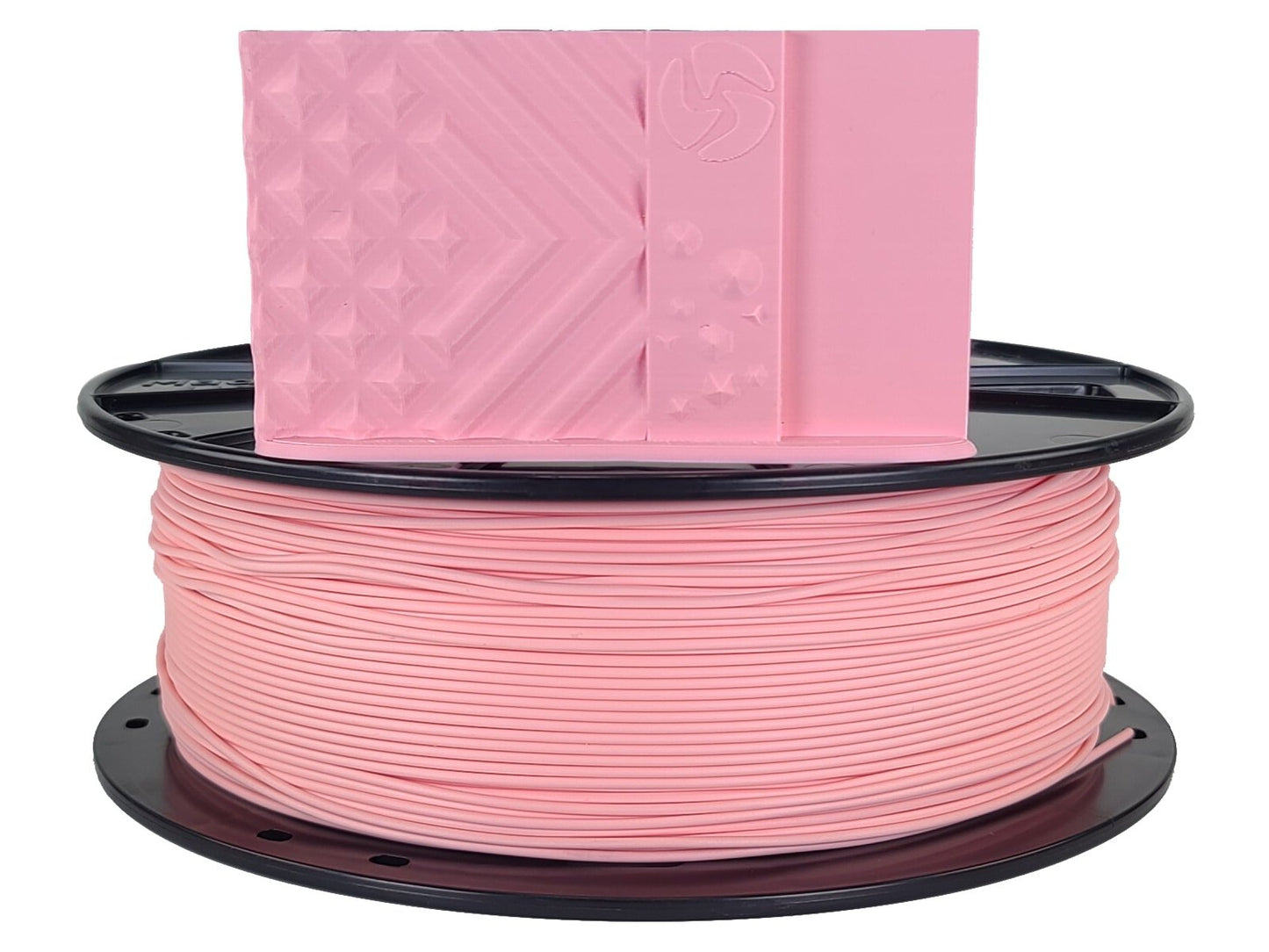 Spool of pink 3D printing filament on a white background