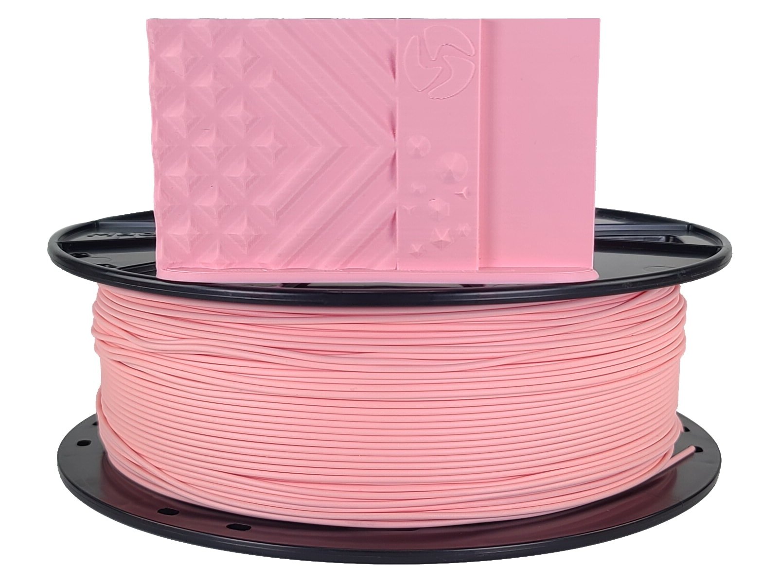 Spool of pink 3D printing filament on a white background