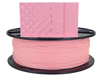 Spool of pink 3D printing filament on a white background