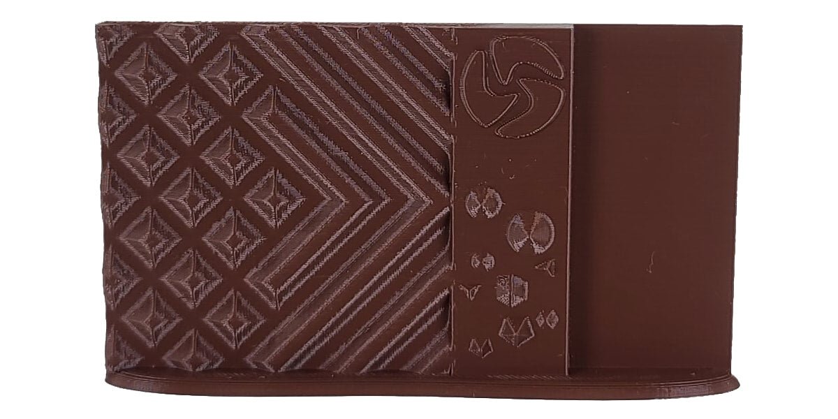 Brown leather wallet with geometric pattern and embossed design on a white background