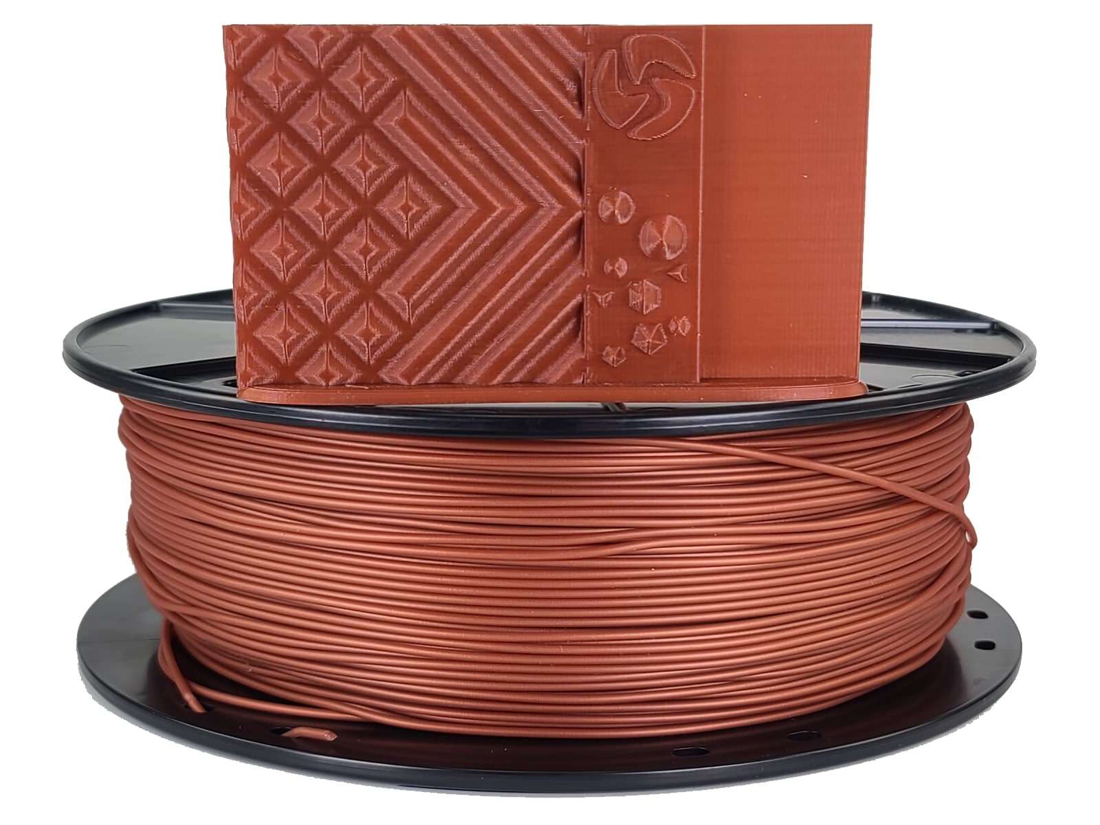 Spool of brown filament with a sample piece on top against a white background