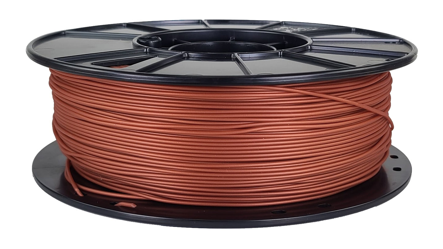 Spool of brown wire on a black plastic reel