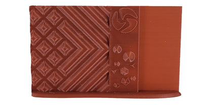 Brown leather wallet with embossed patterns on a white background