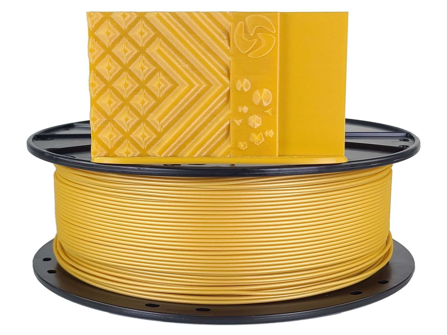 Spool of yellow filament with a yellow box on top against a white background