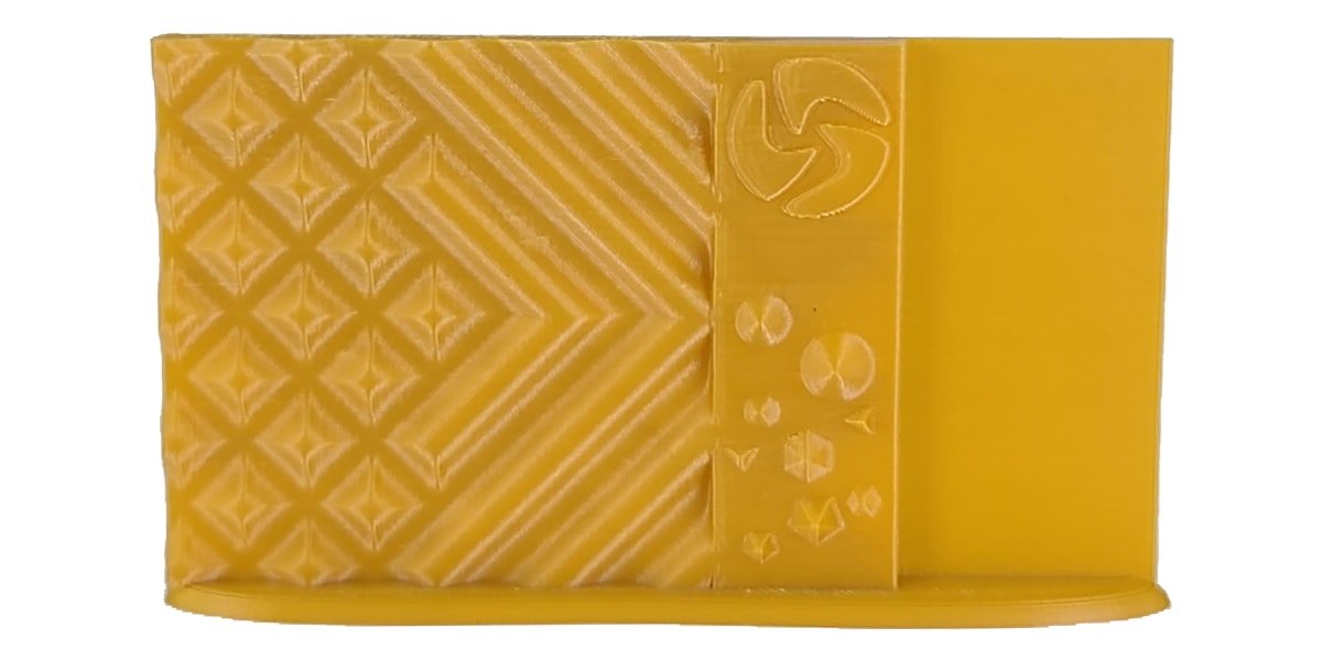 Yellow textured pouch with geometric patterns on a white background