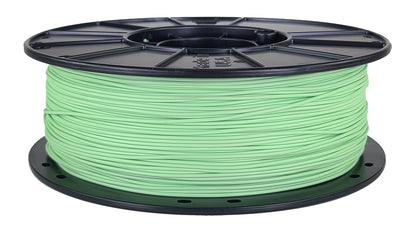 Spool of green filament on a white background