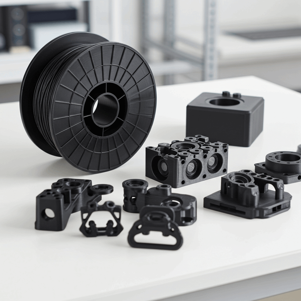 Black 3D printed components on a white surface with a blurred office background