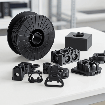 Black 3D printed components on a white surface with a blurred office background