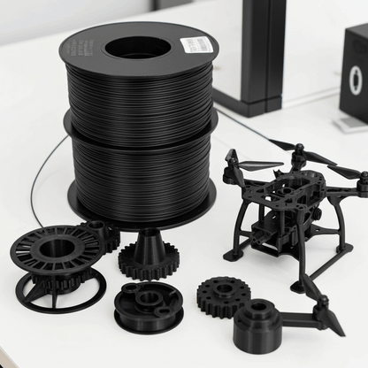 Spools of black 3D printing filament and a partially assembled drone on a white surface.