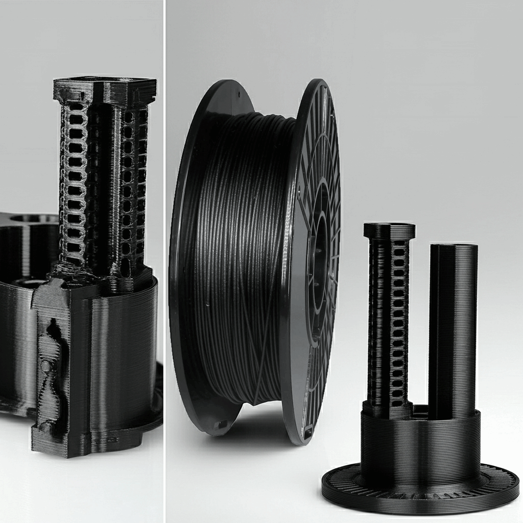 Black 3D printing filament spool with nozzles on a light gray background