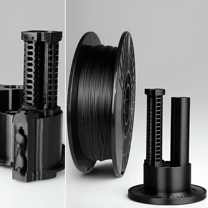 Black 3D printing filament spool with nozzles on a light gray background