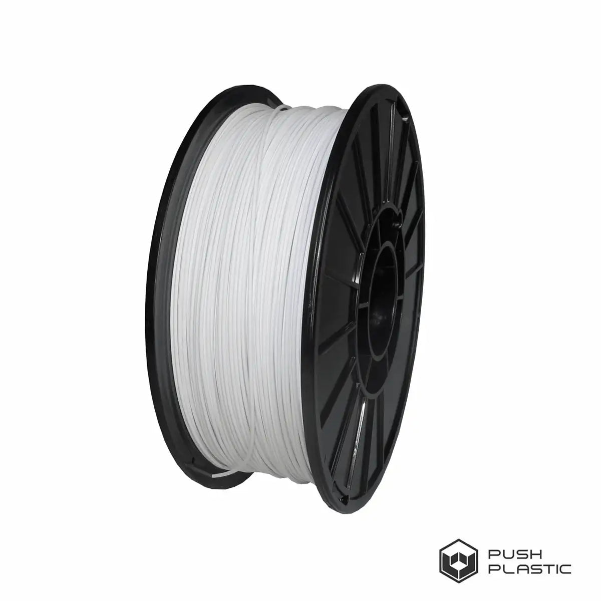 Spool of white filament on a black spool with 'Push Plastic' branding.