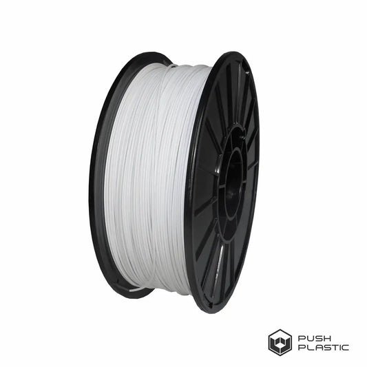 Spool of white filament on a black spool with 'Push Plastic' branding.
