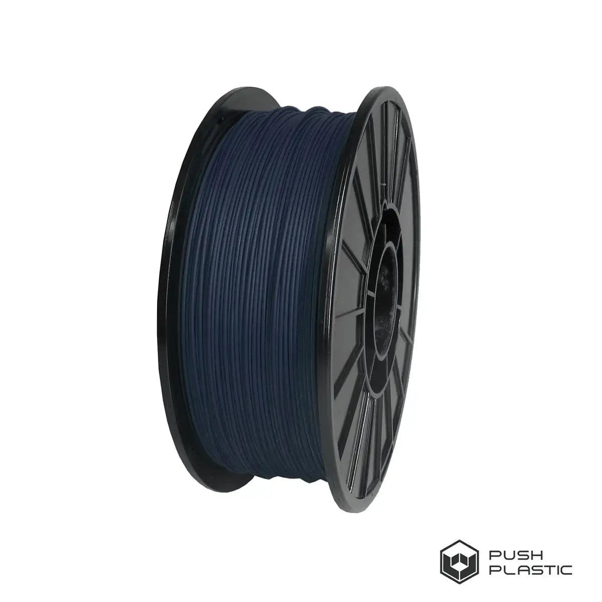 Spool of blue filament on a white background with 'Push Plastic' branding.