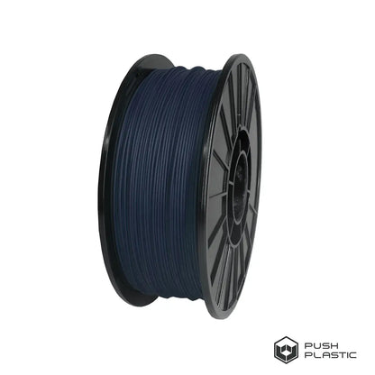 Spool of blue filament on a white background with 'Push Plastic' branding.