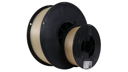 Two spools of beige filament on black reels against a white background